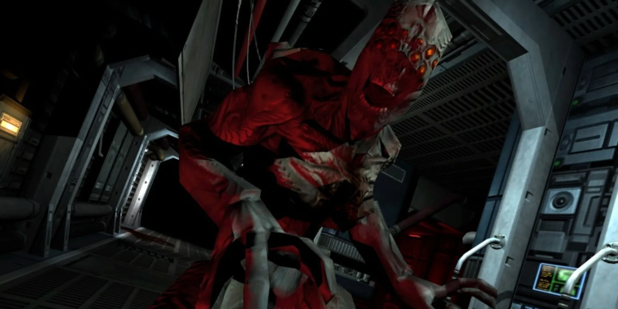 Screenshot trong game Doom 3, thể hiện hiệu ứng ánh sáng và bóng tối ấn tượng của game