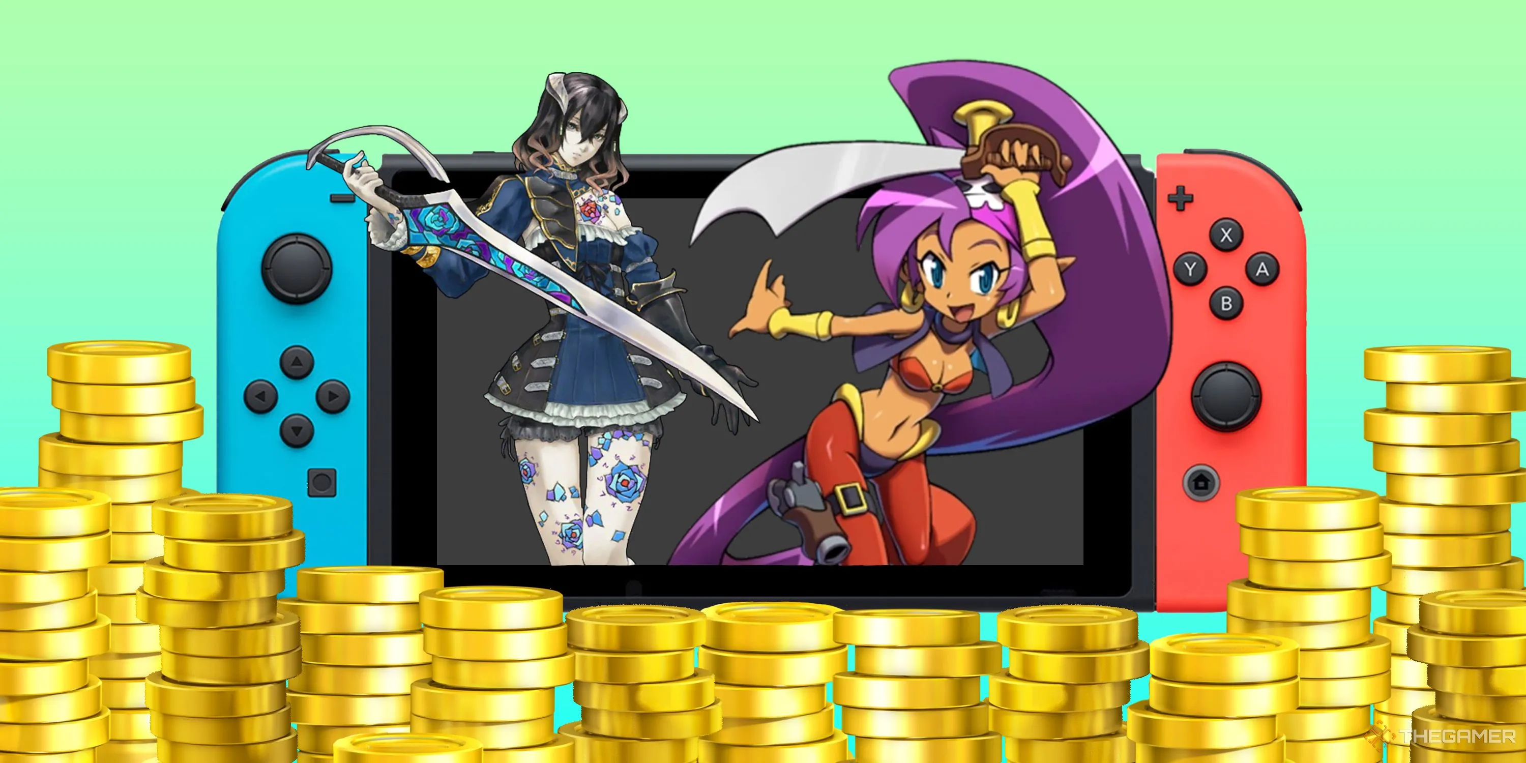 Shantae và Miriam xuất hiện từ console Nintendo Switch giữa đống tiền vàng