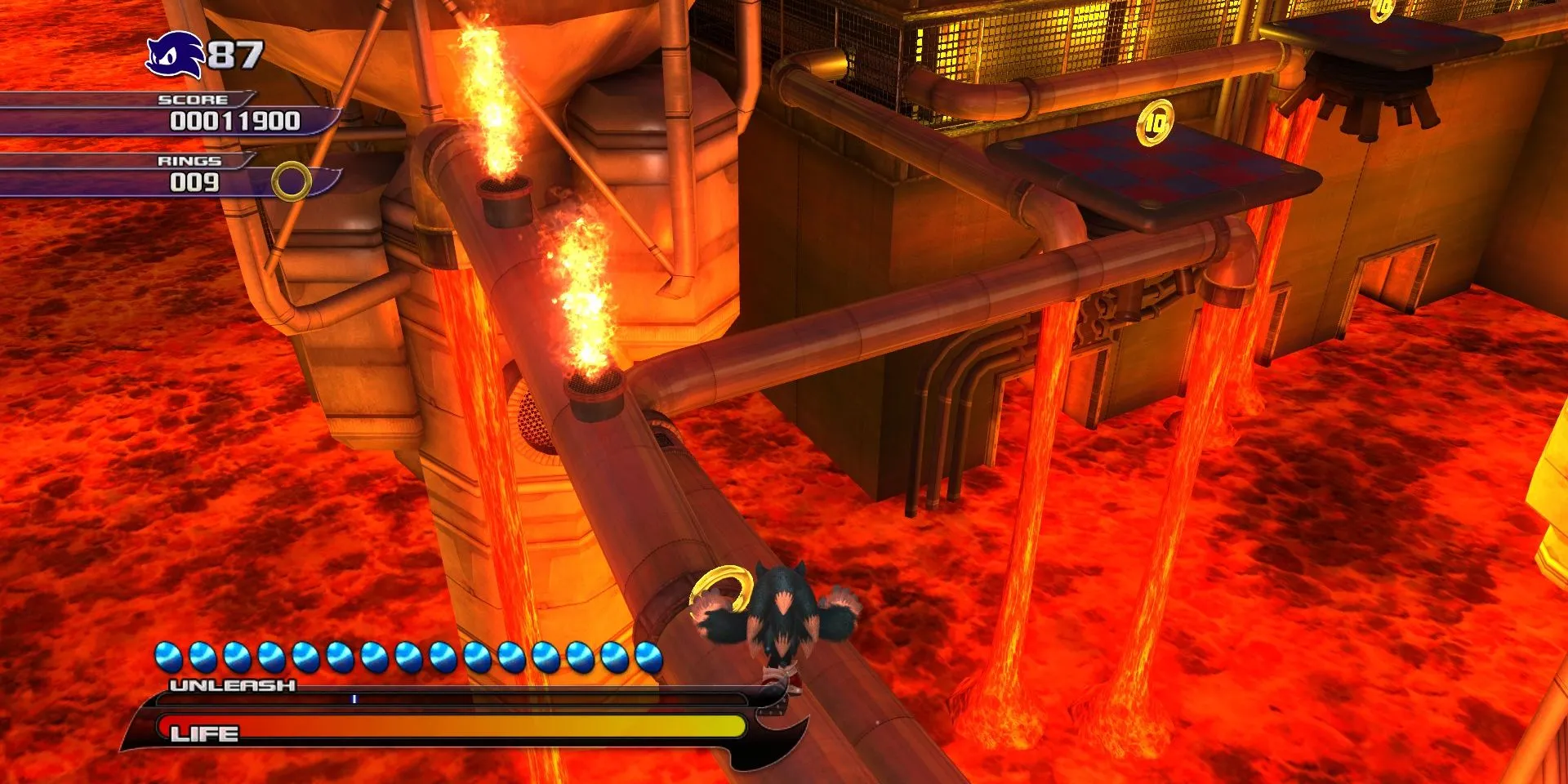 Sonic vượt qua khu vực dung nham đầy nguy hiểm trong Eggman Land, màn chơi thử thách nhất của Sonic Unleashed
