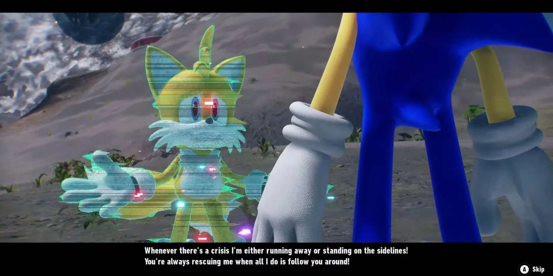 Tails trò chuyện với Sonic trong Sonic Frontiers, bối cảnh làm rõ sự nhút nhát của Tails trong phần trước.