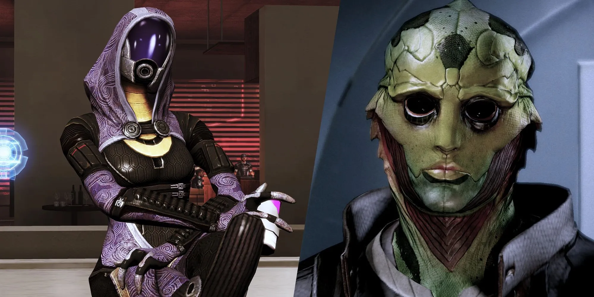 Tali'Zorah, nữ Quarian kỹ sư tài ba, và Thane Krios, sát thủ Drell trầm tĩnh, đứng cạnh nhau trong Mass Effect, thể hiện sự đối lập nhưng bổ trợ.