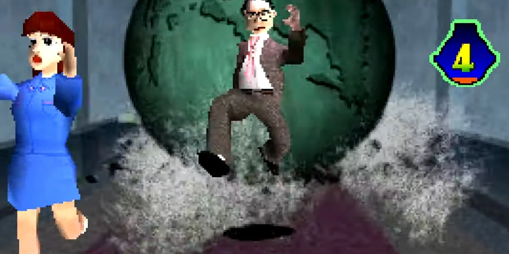 Taneo chạy trốn khỏi một quả địa cầu khổng lồ trong cảnh mini-game của Incredible Crisis