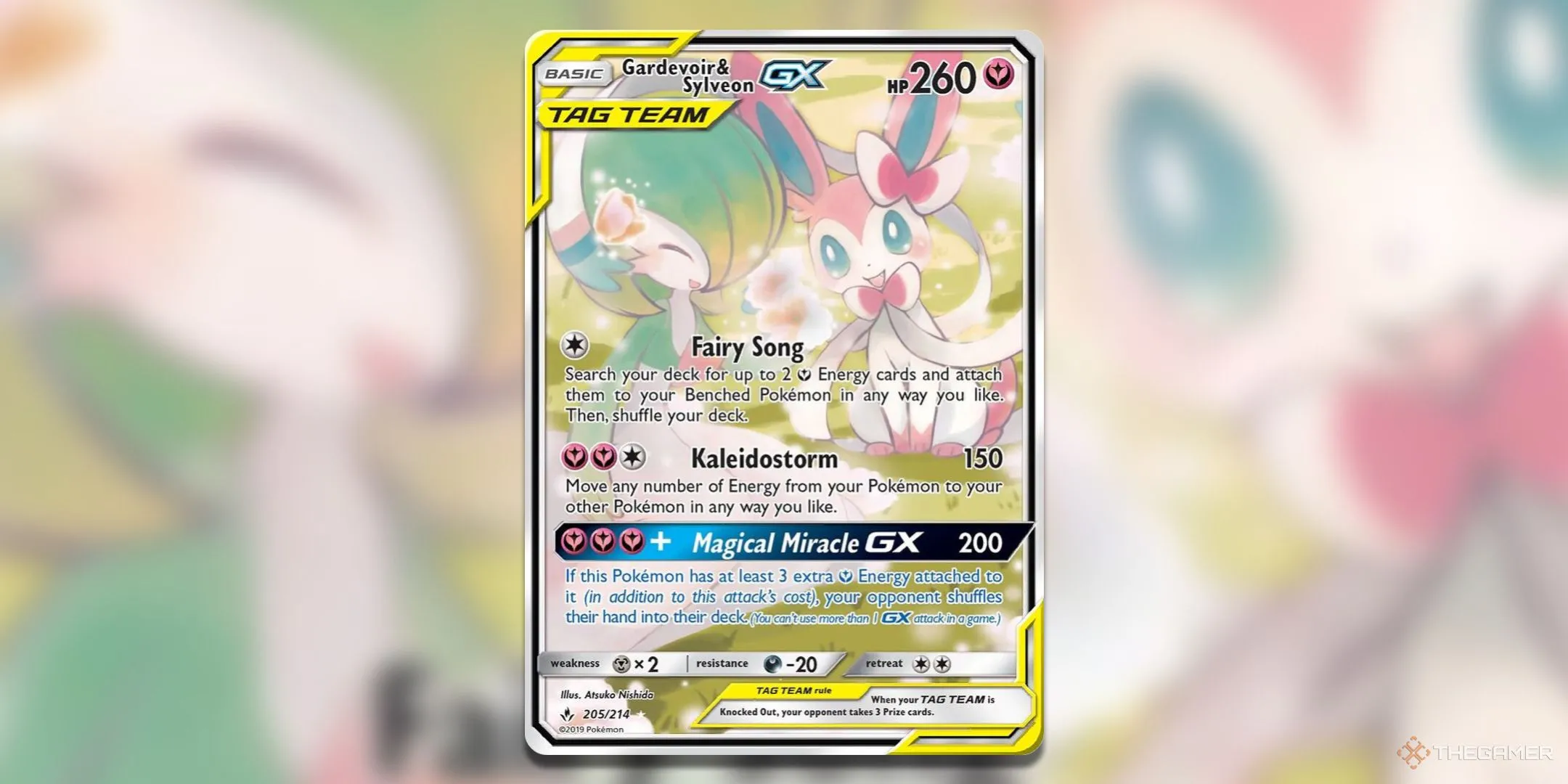 Thẻ Gardevoir &amp; Sylveon GX Alternate Full Art từ Unbroken Bonds, được đánh giá là thẻ bài Fairy-type hoàn hảo nhất.