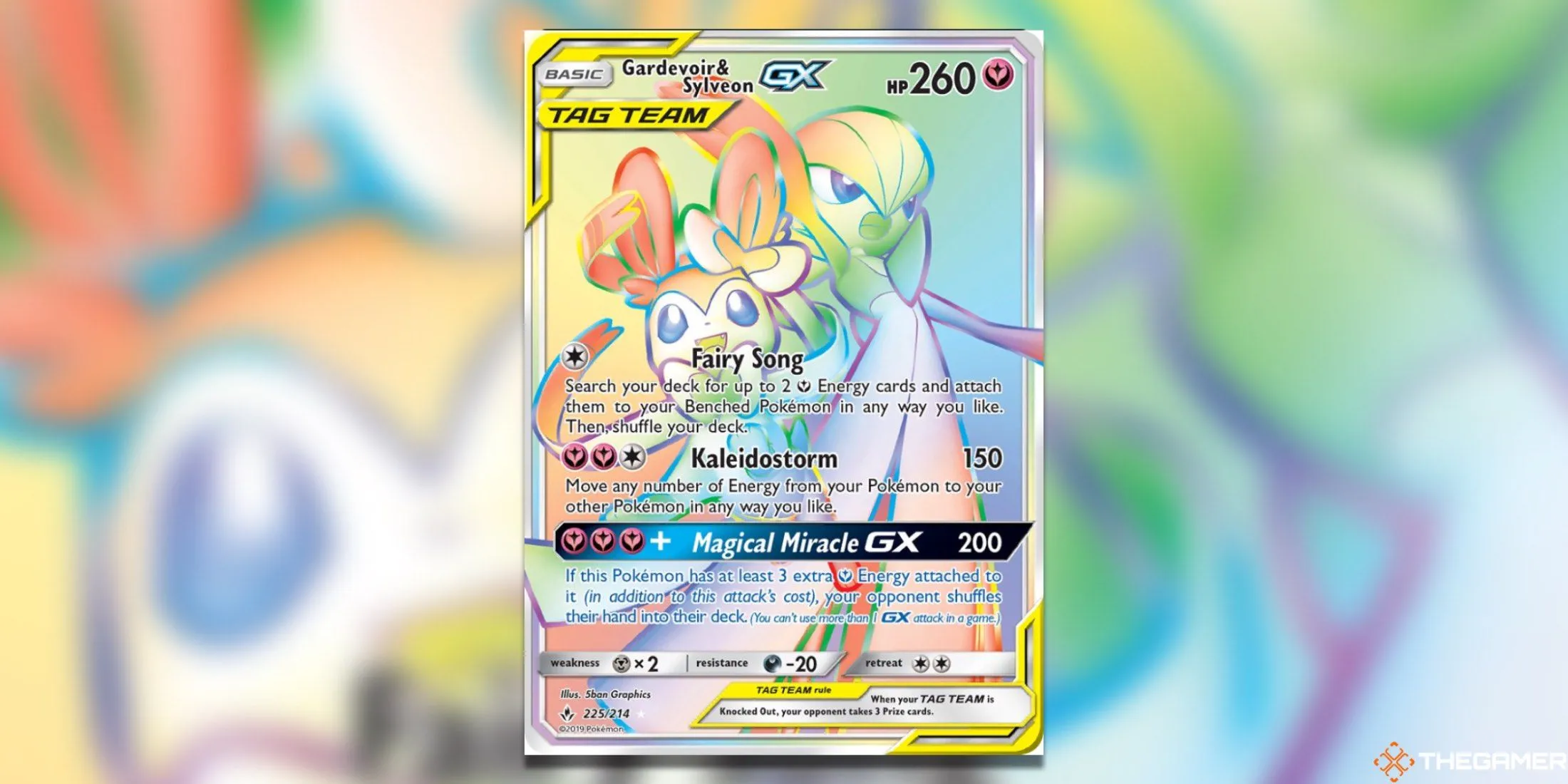 Thẻ Gardevoir & Sylveon GX Rainbow Secret Rare từ set Unbroken Bonds trong Pokemon TCG, minh họa độ hiếm của thẻ bài hệ Tiên.