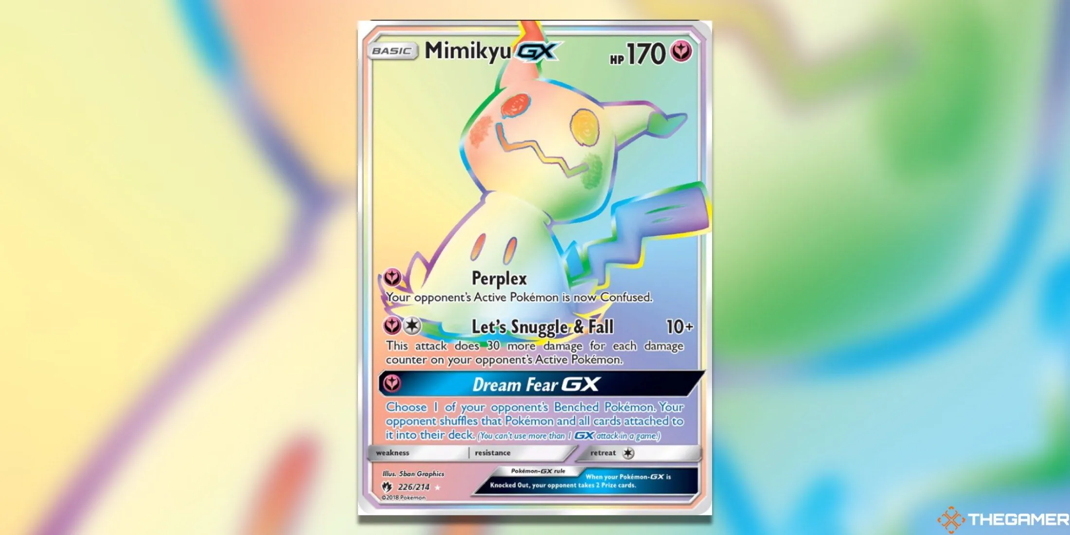 Thẻ Mimikyu GX Secret Rare từ set Lost Thunder, cho thấy vẻ ngoài độc đáo của thẻ bài Pokemon hệ Tiên.