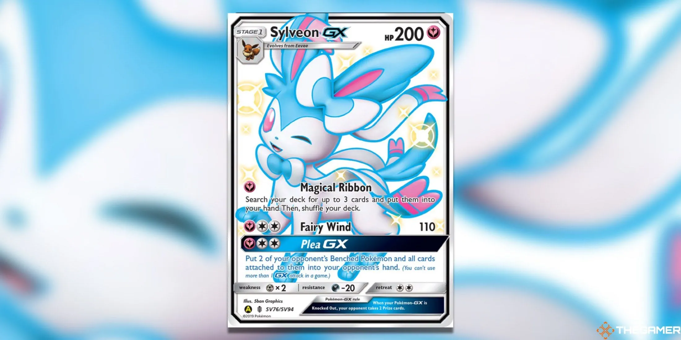 Thẻ Sylveon GX Shiny Holo Rare từ set Hidden Fates Shiny Vault, nổi bật với màu sắc shiny xanh độc đáo.