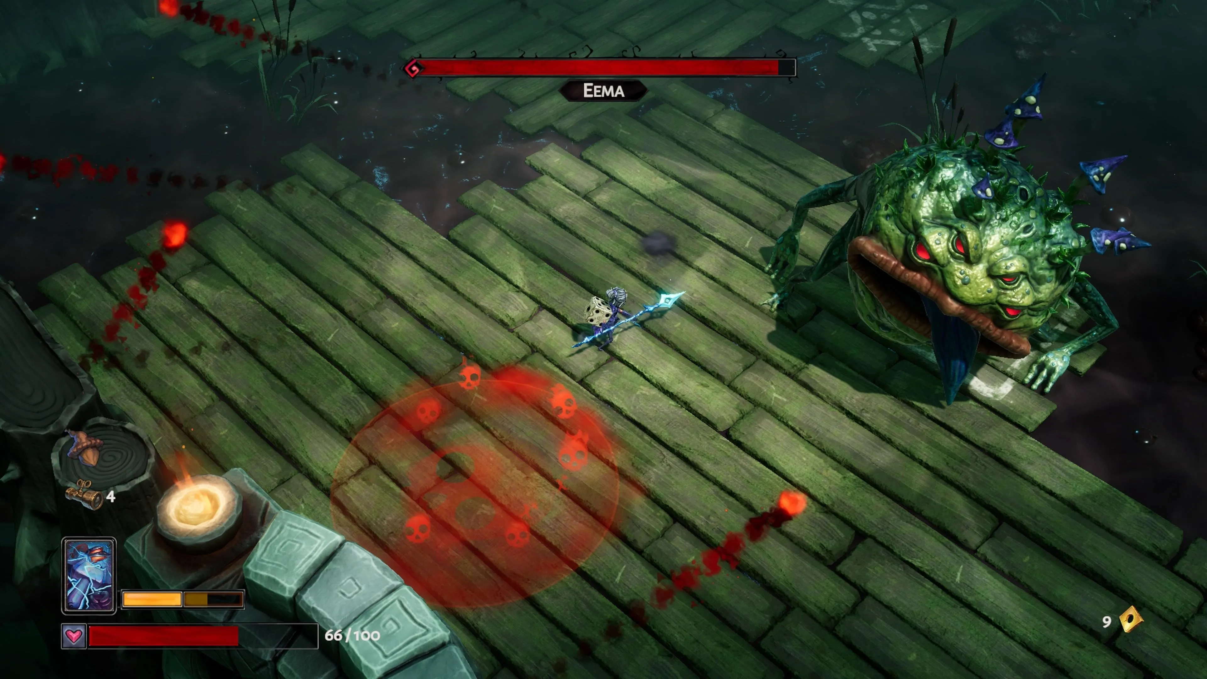 Trận đấu với boss ếch trong Lost in Random The Eternal Die, thể hiện cơ chế chiến đấu.