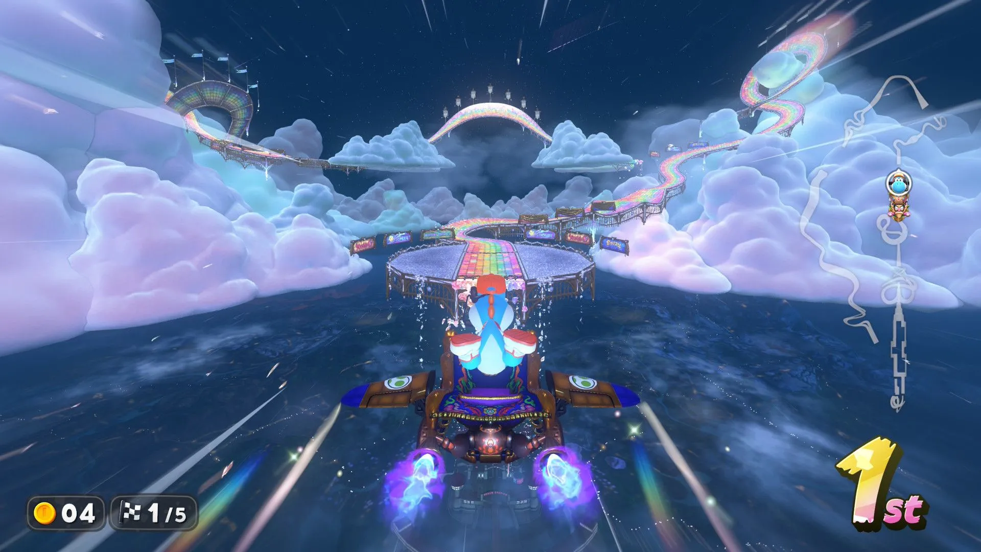 Trường đua Rainbow Road rực rỡ trong Mario Kart World, nổi bật với âm nhạc ấn tượng