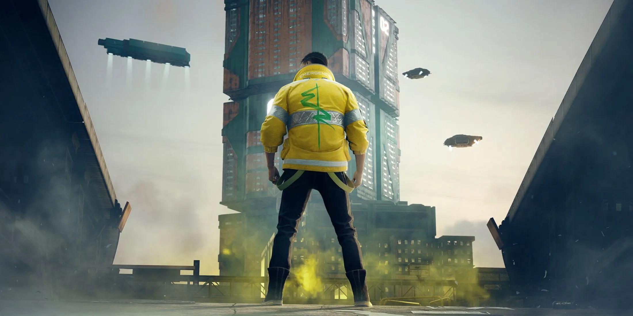 V và Johnny Silverhand trên đường phố Night City trong Cyberpunk 2077, thể hiện sự hỗn loạn của thành phố