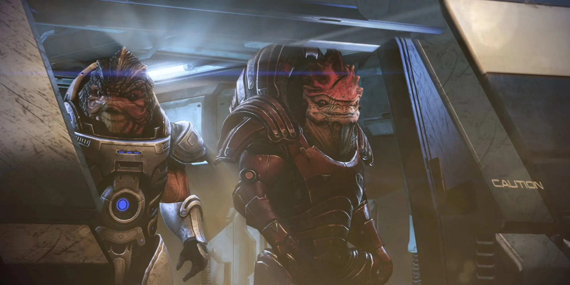Wrex và Grunt, hai chiến binh Krogan dũng mãnh đứng cạnh nhau trong Mass Effect, biểu tượng của sức mạnh và sự kiên cường.