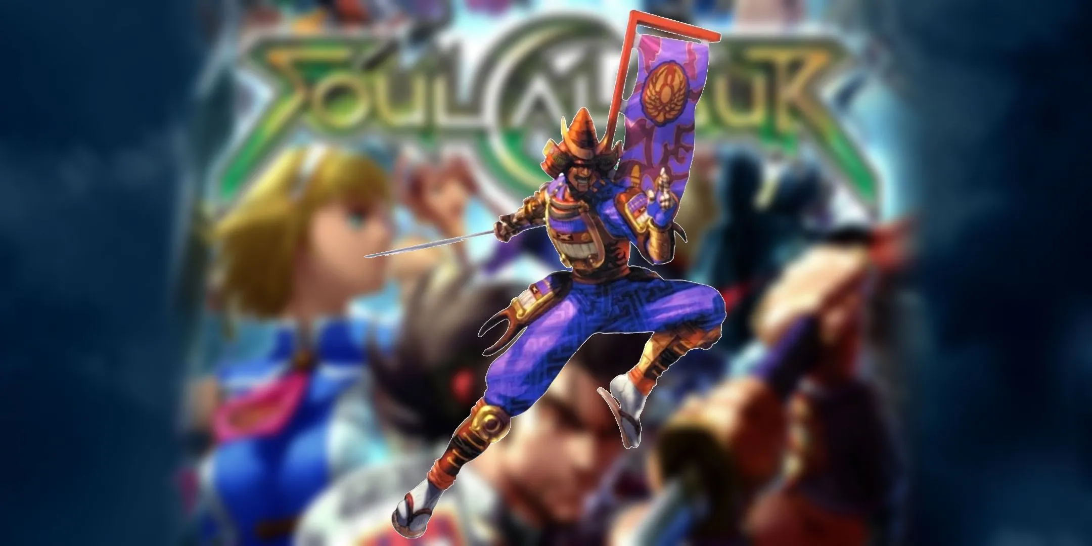 Yoshimitsu trong trang phục đặc trưng nhảy trên không trong Soul Calibur 2