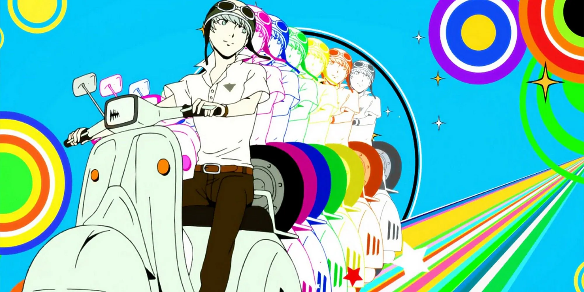 Yu Narukami lái xe scooter qua thị trấn Inaba, hình ảnh gắn liền với hành trình khám phá và kết thúc thực sự của Persona 4.
